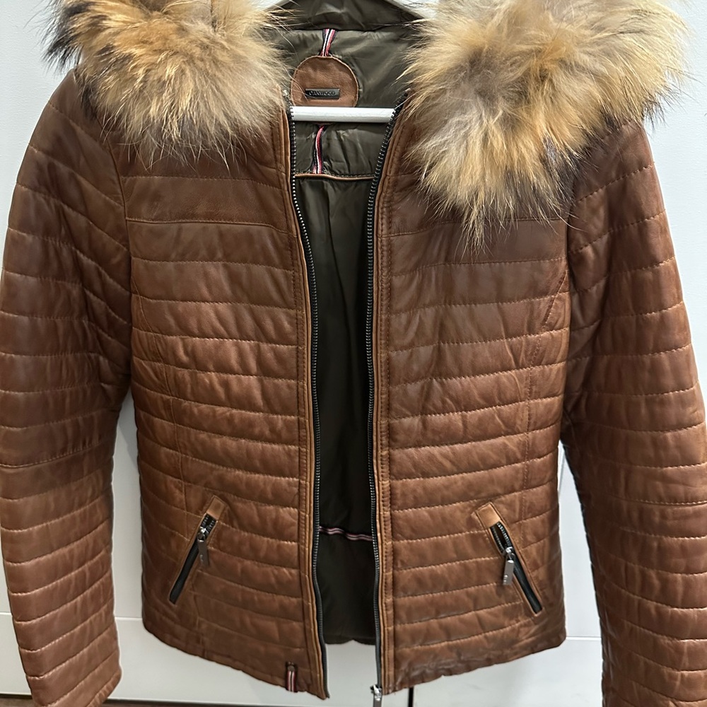 Brown Leather Jacket with Fur Hood